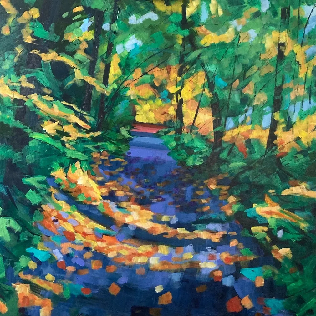 Autumn in Queens wood, a painting by Stuart Roper: a woodland path strewn with autumn leaves, in blue shadow under green and gold trees