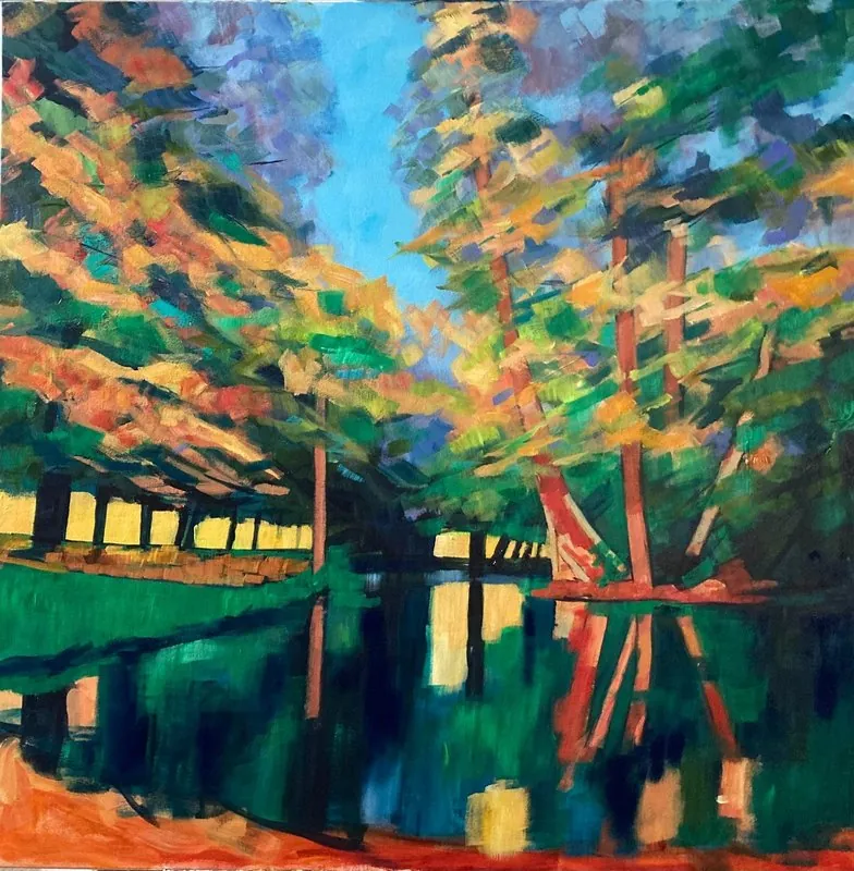 Autumn pond by Stuart Roper, acrylic on box canvas