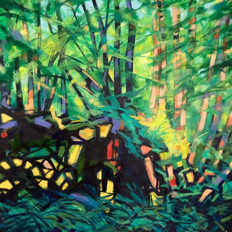 Puzzle light - impressions of Puzzlewood in the forest of Dean by Stuart Roper, acrylic on box canvas