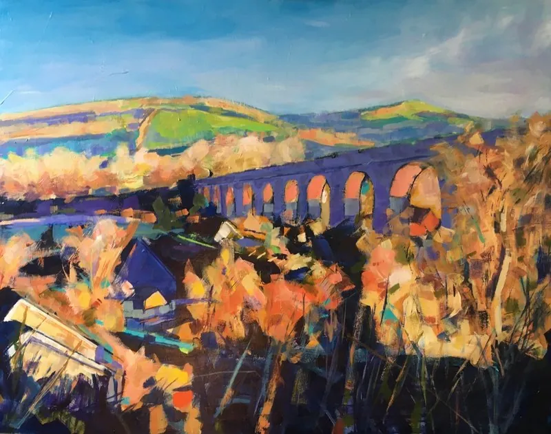Knucklas Viaduct by Stuart Roper, acrylic and mixed media on board