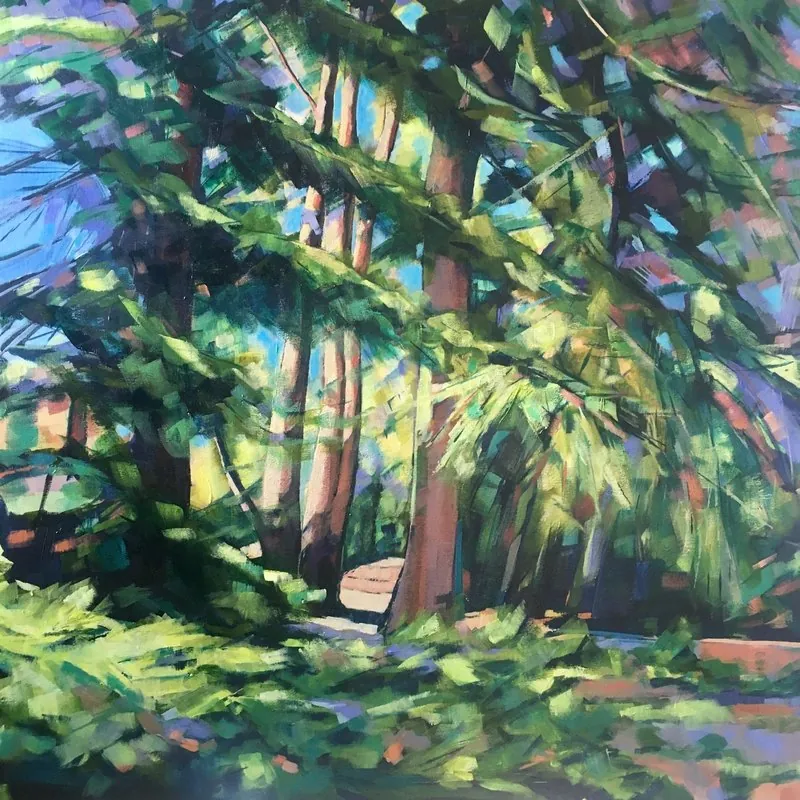 Light through the pines by Stuart Roper, acrylic on box canvas